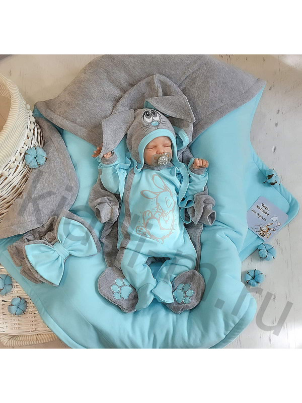 Комплект на выписку для новорожденного Picolita Лапушка-Зайка бирюза-серый