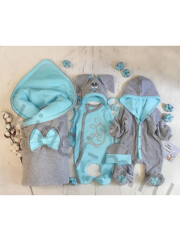 Комплект на выписку для новорожденного Picolita Лапушка-Зайка бирюза-серый