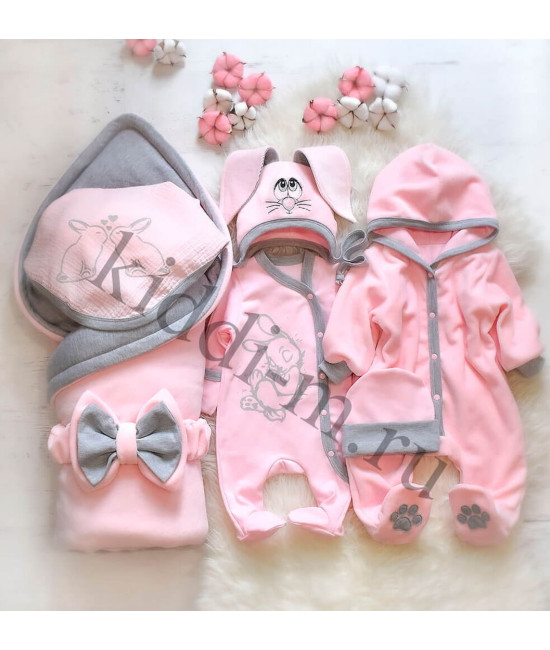 Комплект на выписку для новорожденного Picolita Лапушка-Зайка розовый-серый