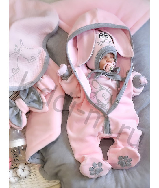 Комплект на выписку для новорожденного Picolita Лапушка-Зайка розовый-серый