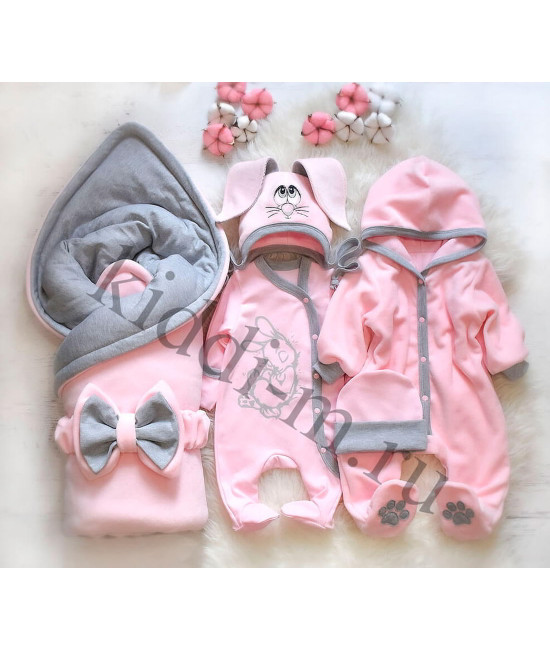 Комплект на выписку для новорожденного Picolita Лапушка-Зайка розовый-серый