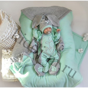 Комплект на выписку Лапушка-Зайка серый-ментол