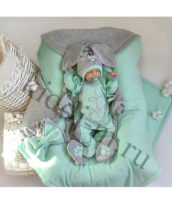 Комплект на выписку Лапушка-Зайка серый-ментол