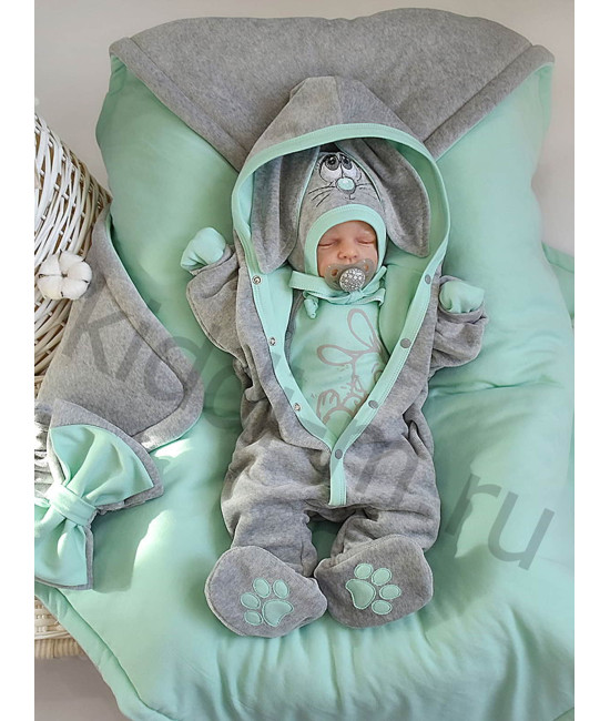 Комплект на выписку Лапушка-Зайка серый-ментол