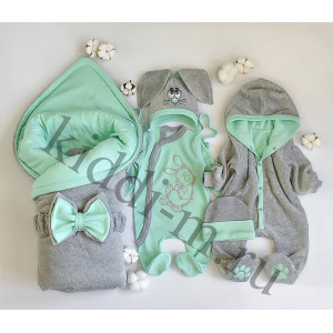 Комплект на выписку Лапушка-Зайка серый-ментол