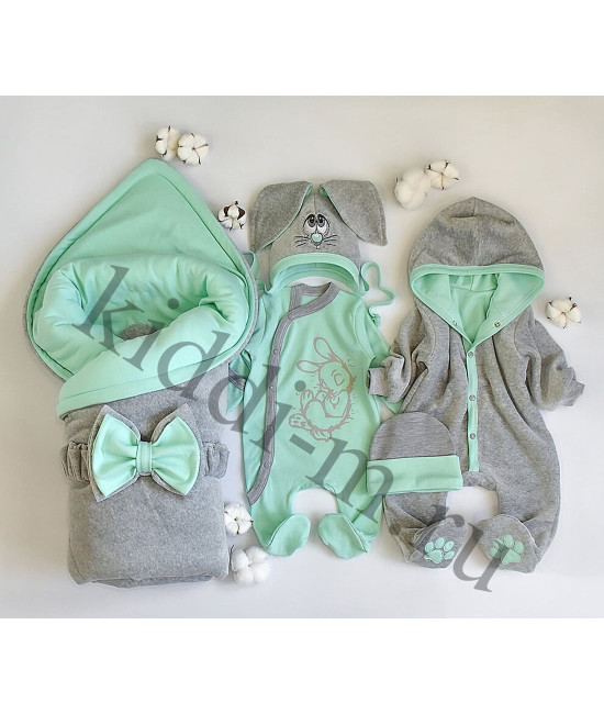 Комплект на выписку Лапушка-Зайка серый-ментол