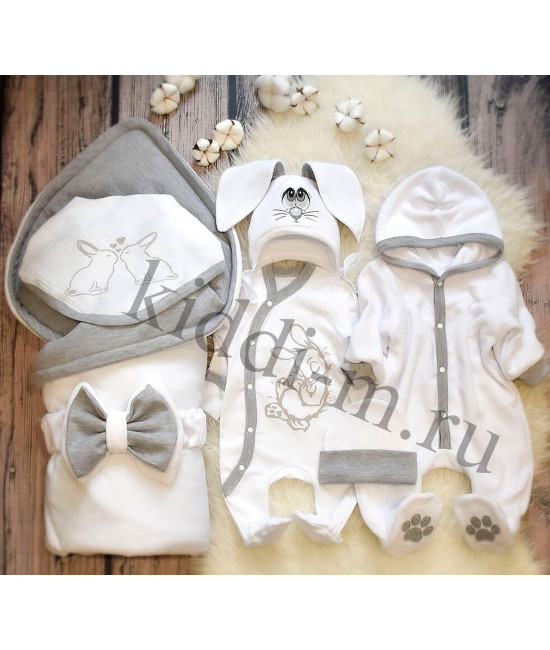 Комплект на выписку для новорожденного Picolita Лапушка-Зайка белый-серый