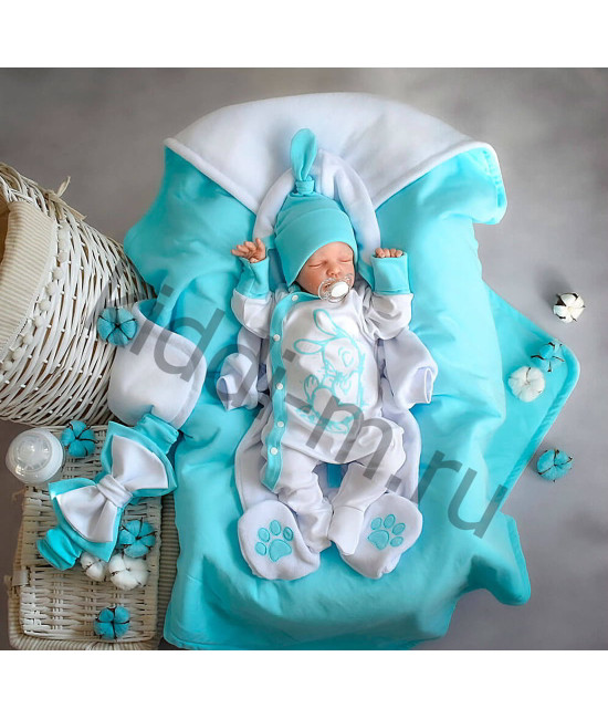 Комплект на выписку для новорожденного Picolita Лапушка-Зайка белый-бирюза