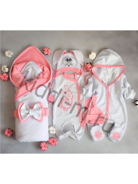 Комплект на выписку для новорожденного Picolita Лапушка-Зайка белый-розовый