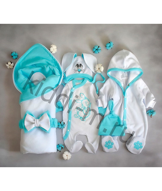 Комплект на выписку для новорожденного Picolita Лапушка-Зайка белый-бирюза