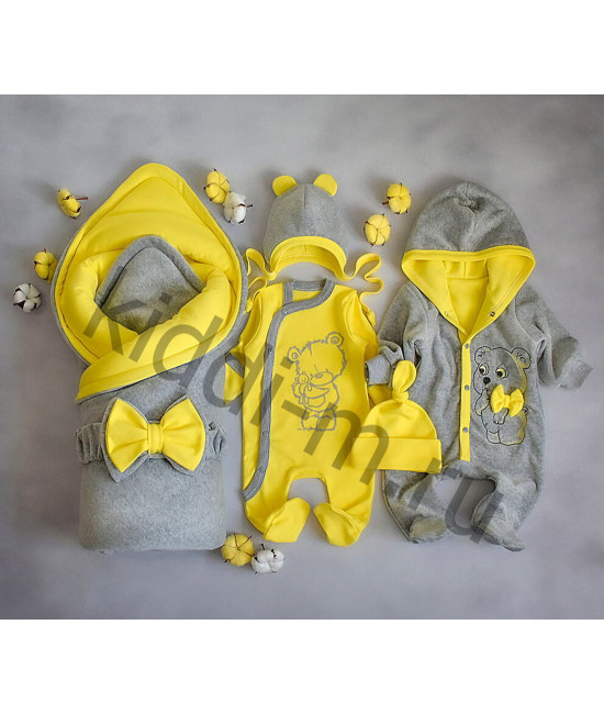 Комплект на выписку Picolita Лапушка-Мишка серый-желтый