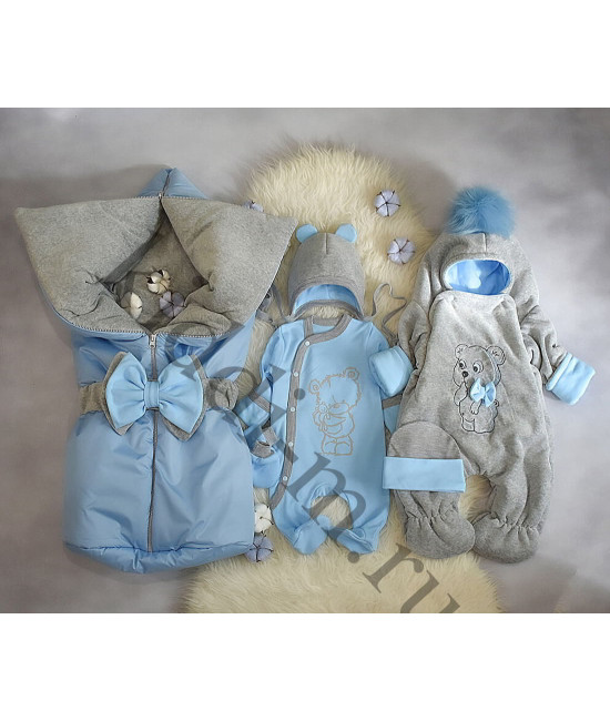 Зимний комплект на выписку Picolita Любимка Мишка голубой-серый