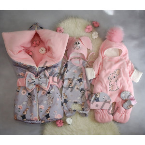 Зимний комплект на выписку Picolita Любимка Зайка серый-розовый