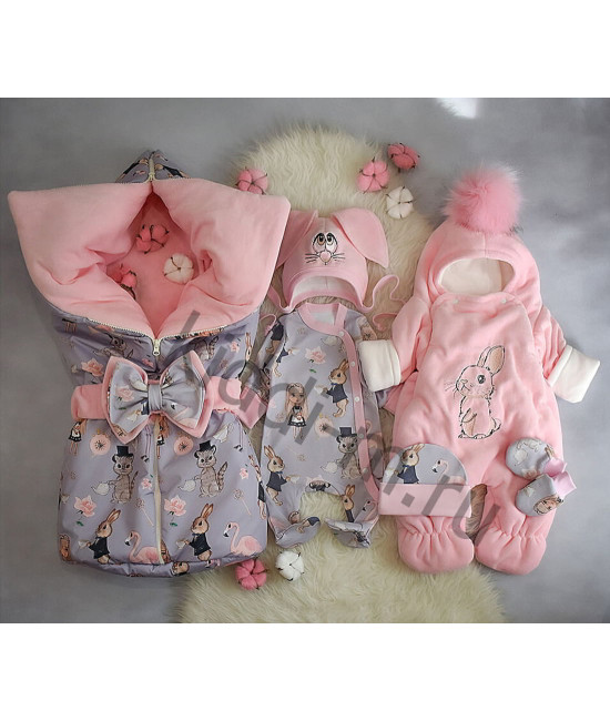 Зимний комплект на выписку Picolita Любимка Зайка серый-розовый
