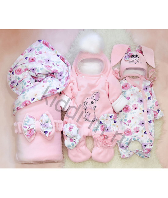 Зимний комплект на выписку Picolita Пушистики-Зайка розовый-цветочный