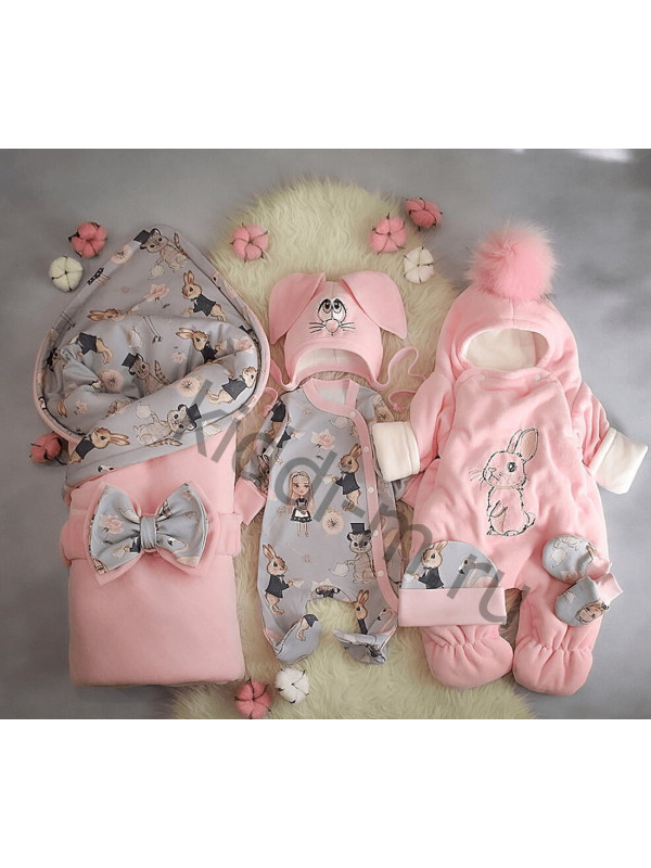 Зимний комплект на выписку Picolita Пушистики-Зайка розовый-серый