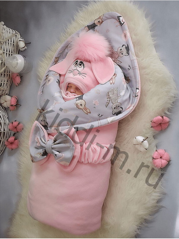Зимний комплект на выписку Picolita Пушистики-Зайка розовый-серый