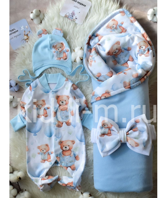 Летний комплект на выписку Picolita Топотушки-Мишка голубой