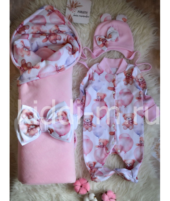 Летний комплект на выписку Picolita Топотушки-Мишка розовый