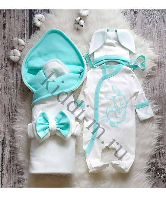 Летний комплект на выписку Picolita Топотушки-Зайка молочный-бирюза