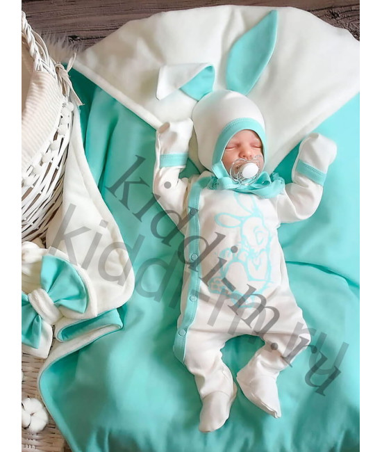 Летний комплект на выписку Picolita Топотушки-Зайка молочный-бирюза