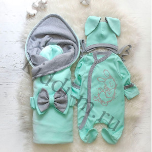 Летний комплект на выписку Picolita Топотушки-Зайка серый-ментол