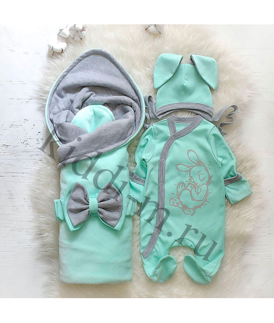 Летний комплект на выписку Picolita Топотушки-Зайка серый-ментол