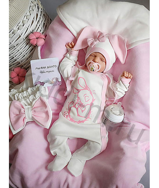 Летний комплект на выписку Picolita Топотушки-Зайка молочный-розовый