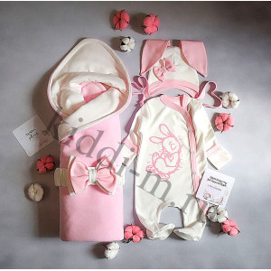 Летний комплект на выписку Picolita Топотушки-Зайка молочный-розовый