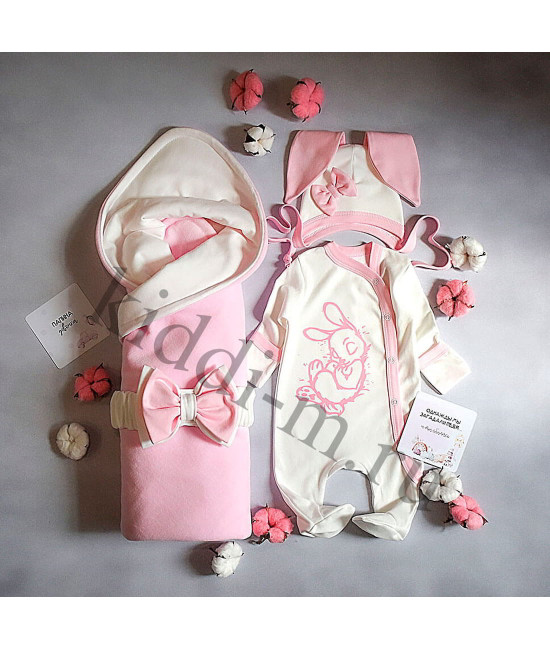 Летний комплект на выписку Picolita Топотушки-Зайка молочный-розовый