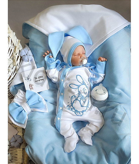 Летний комплект на выписку Picolita Топотушки-Зайка белый-голубой