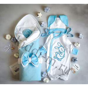 Летний комплект на выписку Picolita Топотушки-Зайка белый-голубой