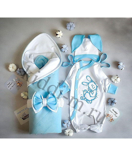 Летний комплект на выписку Picolita Топотушки-Зайка белый-голубой