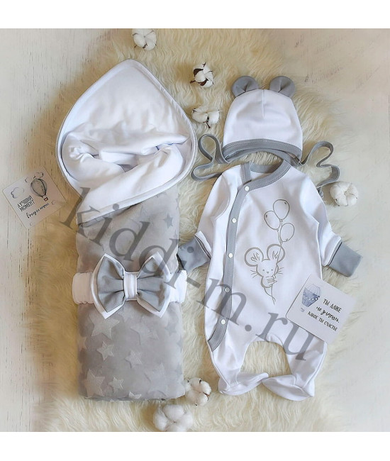 Летний комплект на выписку Picolita Топотушки-Мышка серый-белый